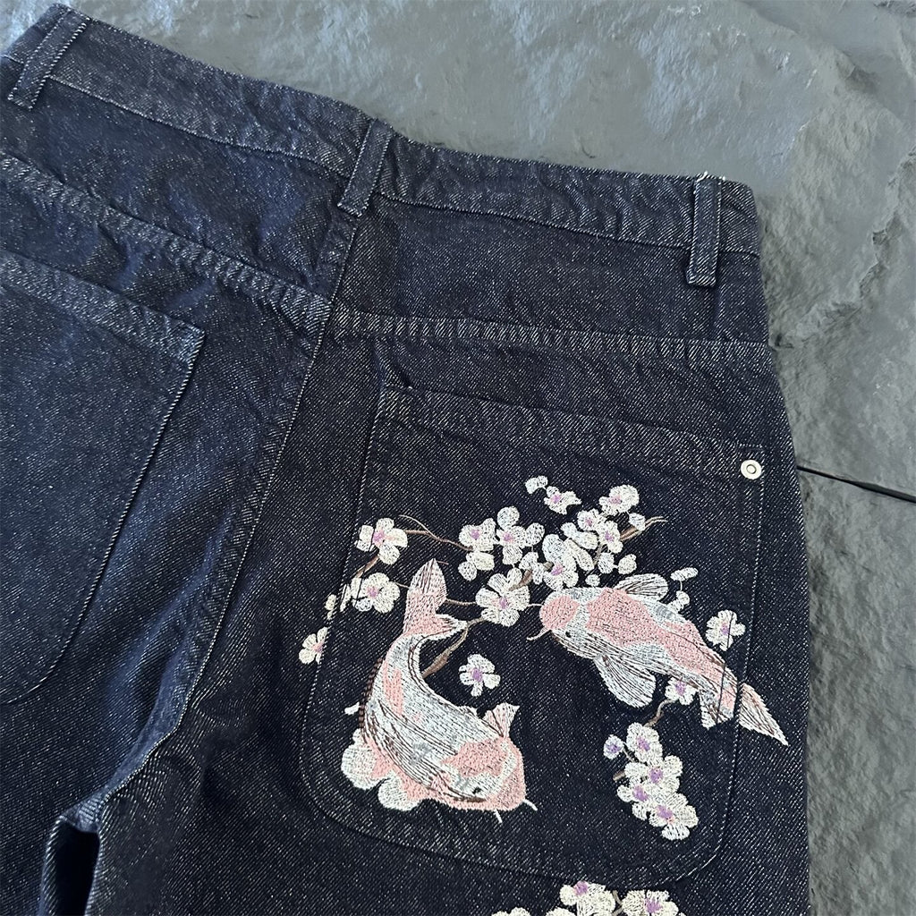 derschutze American retro heavy embroidery washed distressed jeans, unisex loose wide-leg trendy trousers