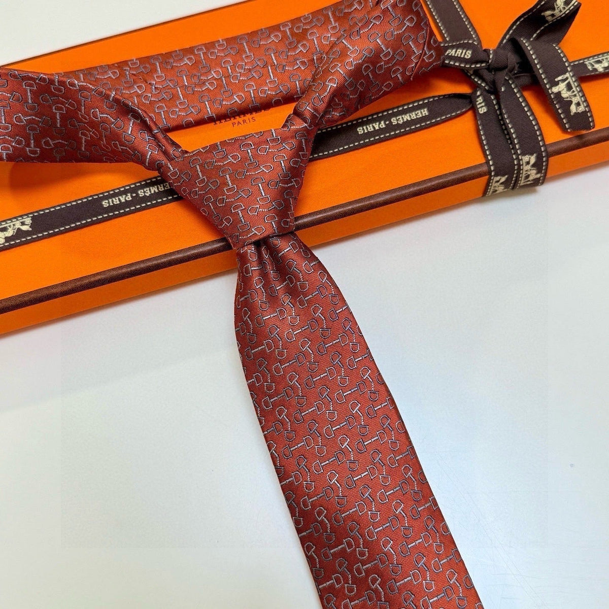 Hermes Style Men's Equestrian Motif Silk Tie