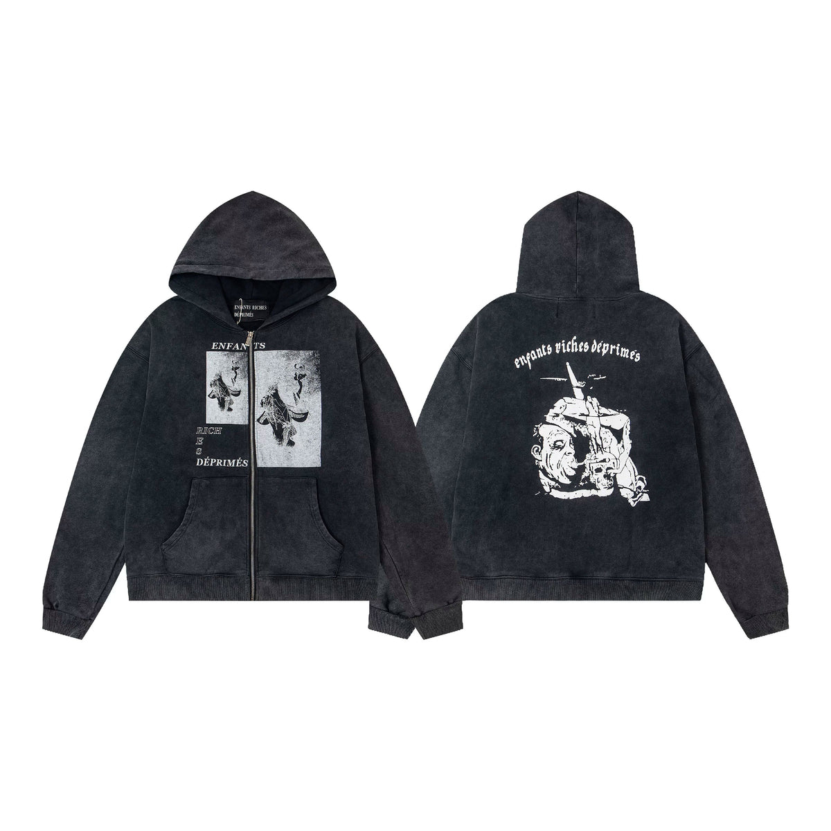 ERD "Enfants Riches Déprimés" Demon Graphic Zip-Up Hoodie — Washed Charcoal