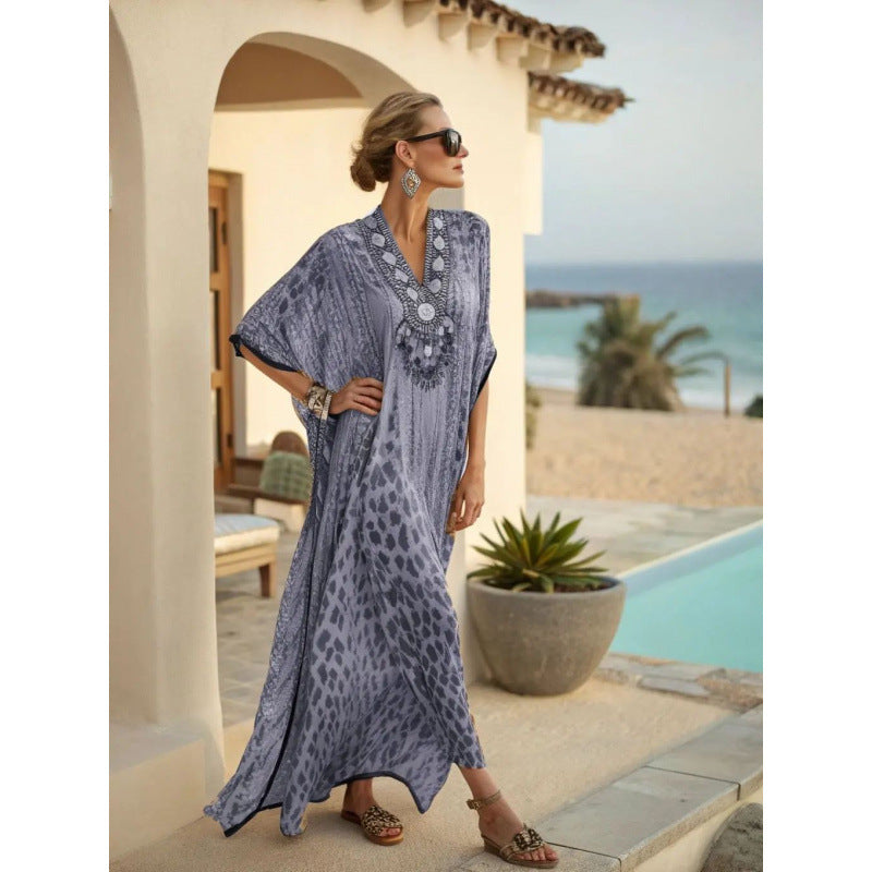 Boho Abstract Print V-Neck Batwing Maxi Kaftan Beach Cover-Up