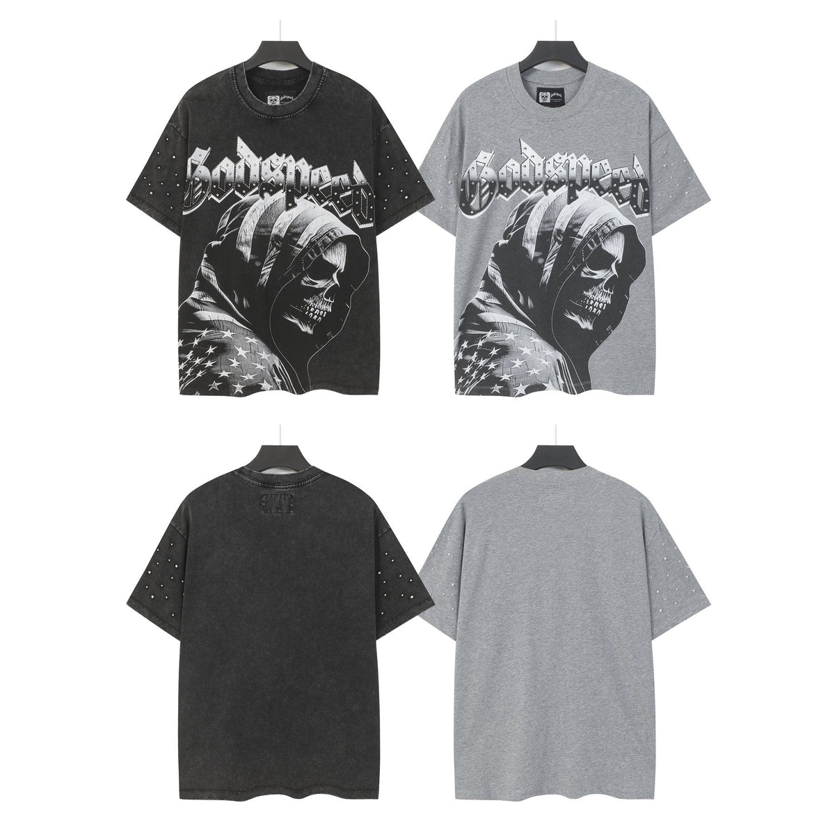 Godspeed Hooded Skull Graphic Studded-Sleeve T-Shirt