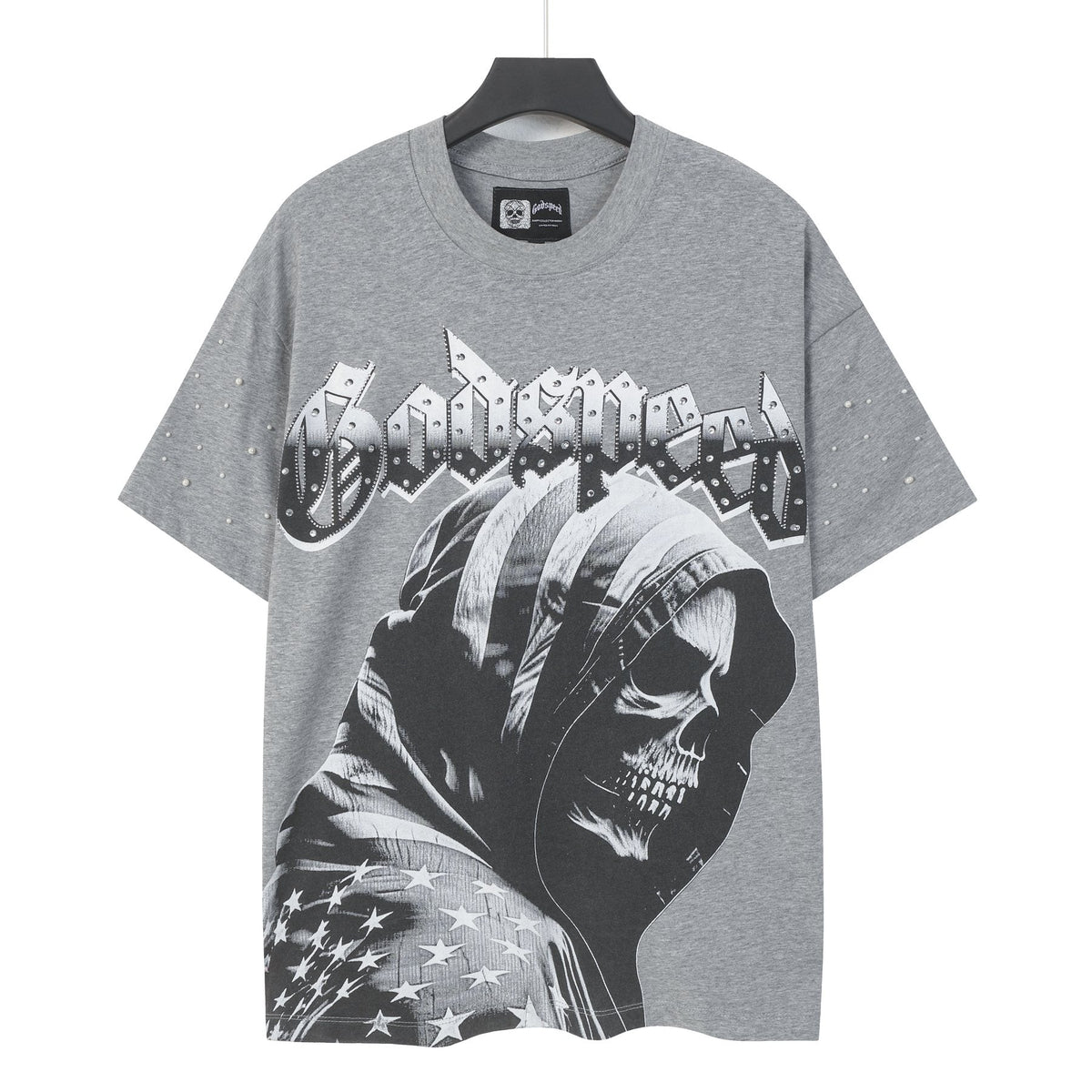 Godspeed Hooded Skull Graphic Studded-Sleeve T-Shirt