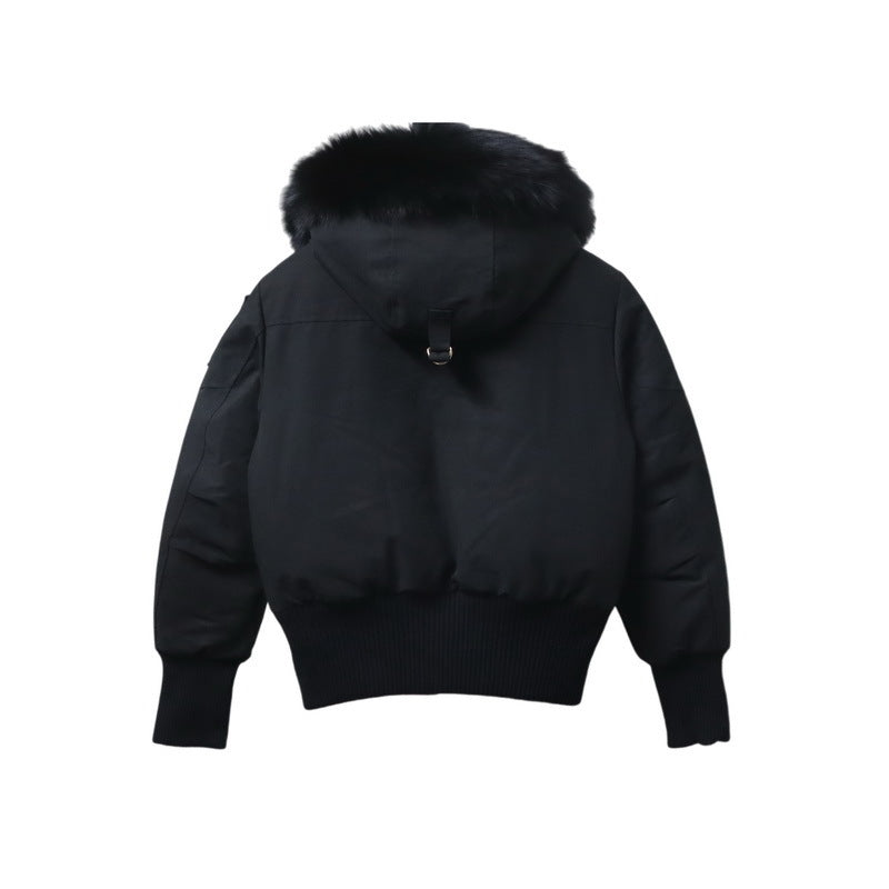 Moose Knuckles Black Bomber Jacket Fox Fur Hood Gold Zip