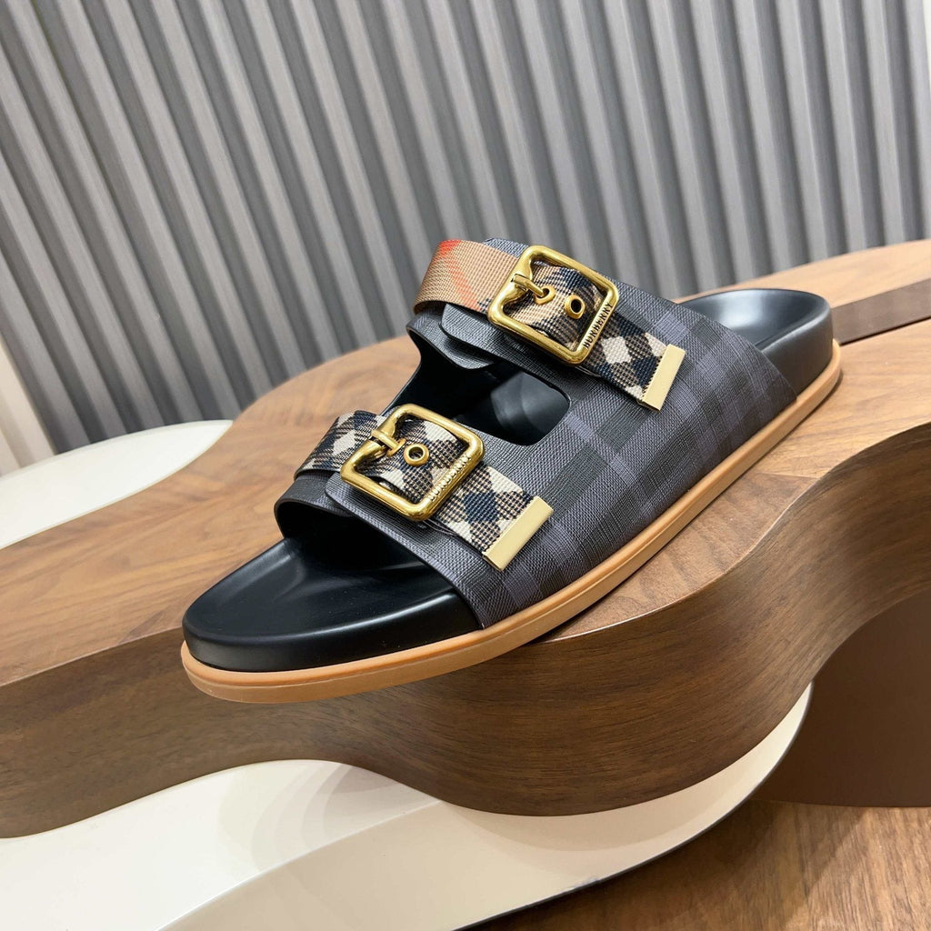 Burberry Black Plaid Two-Strap Slide Sandals