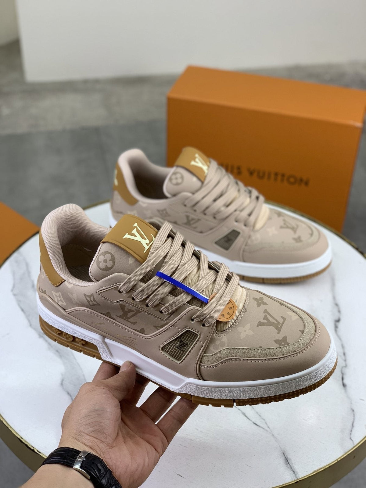 Louis Vuitton Beige, White & Gold Low-Top Sneakers